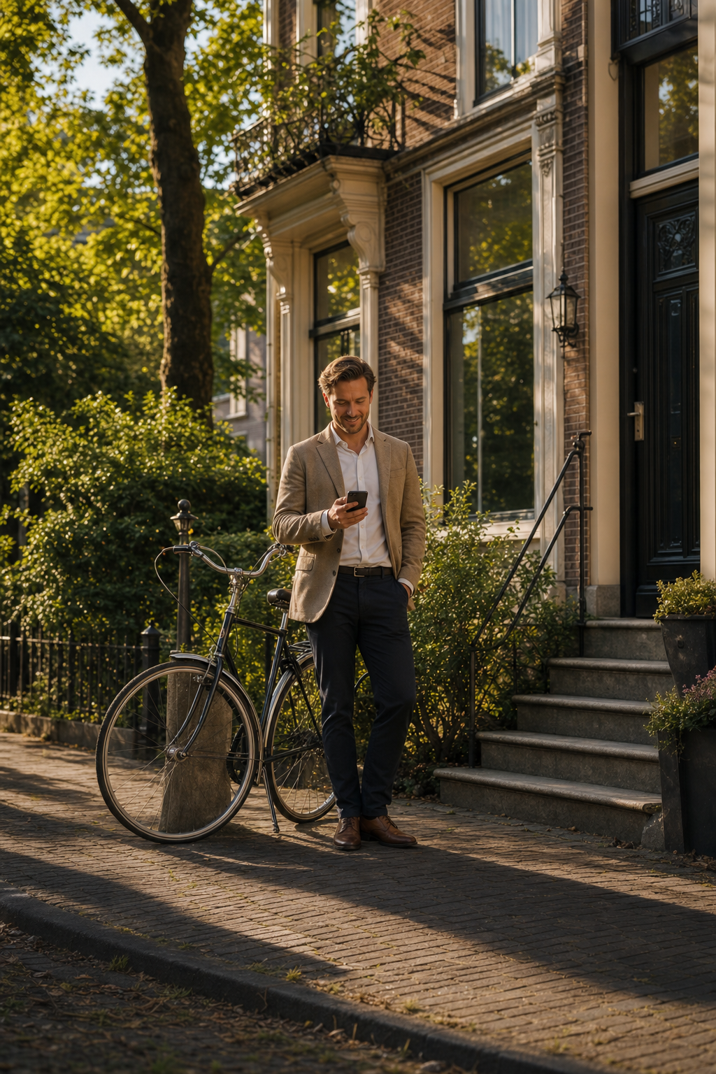 Particuliere belegger met fiets bij een Nederlands herenhuis.