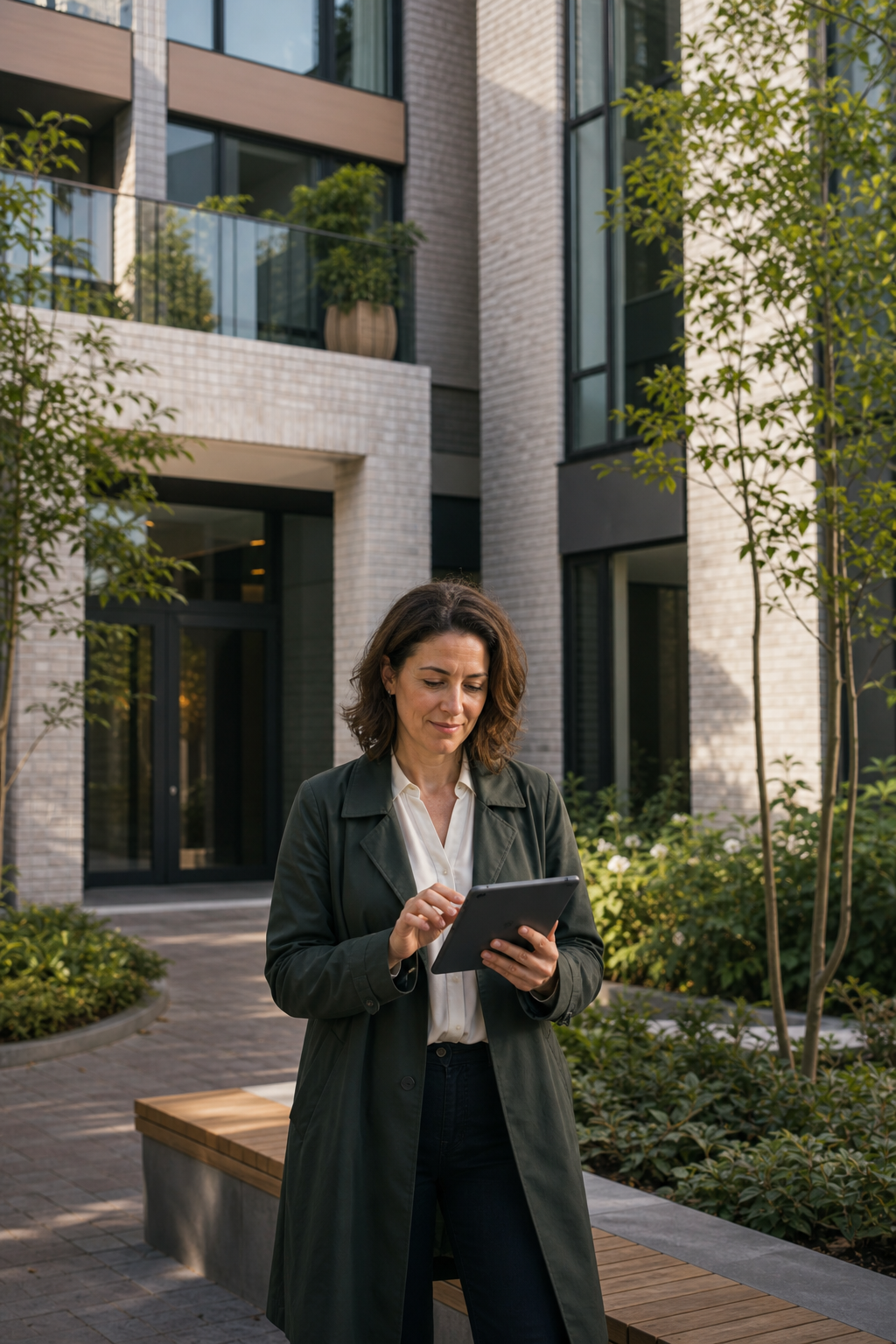 Professionele verhuurder met tablet bij een appartementencomplex.